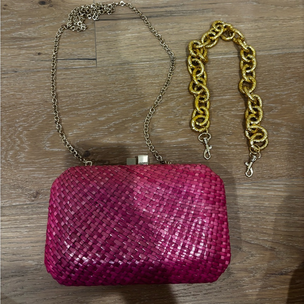 Serpui Wicker Fuchsia Woven Clutch with Dual Chains